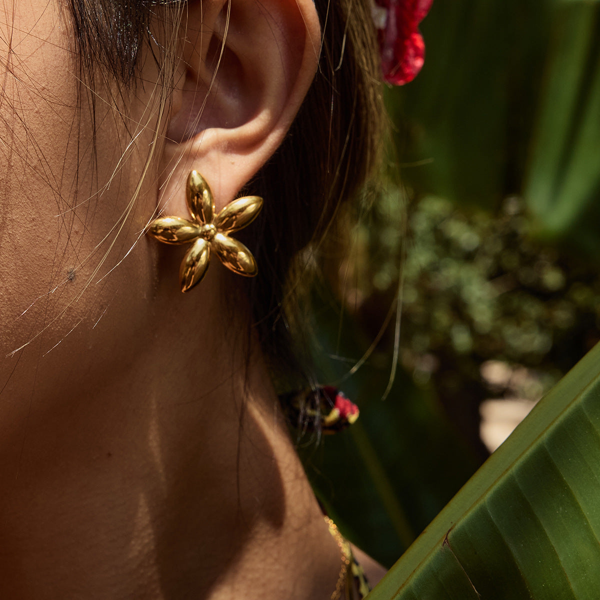 Elegant Floral Geometric Plated Stainless Steel Stud Earrings for Women