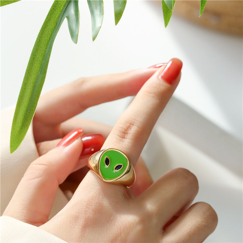 Geometric Drip Oil Gold Plated Brass Alien Ring for Women