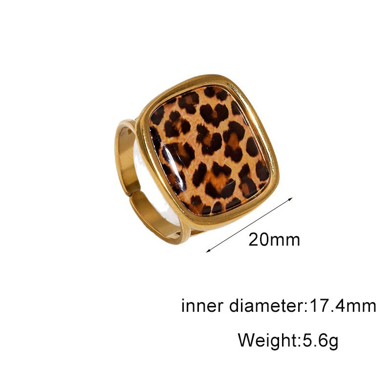 Luxury Leopard Print Geometric Plated Stainless Steel Open Ring for Women