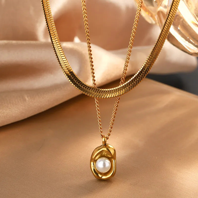 Elegant 18K Gold Plated Stainless Steel Round Pearl Necklace Set for Women