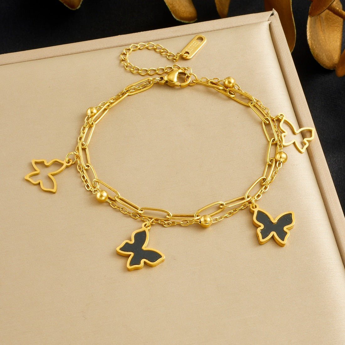 Minimalist Gold Plated Stainless Steel Double Layer Hollow Butterfly Bracelet for Women