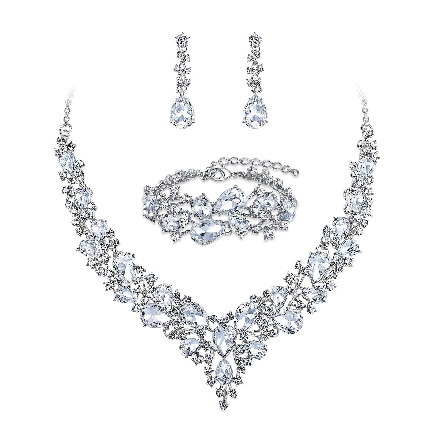 Elegant Waterdrop Floral Pattern Rhinestone Pendant Necklace Earrings Bracelet Set for Women with Alloy Base and Plated Finish