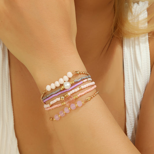 Sweet Geometric Round Crystal Glass Imitation Pearl Bracelet Set for Women