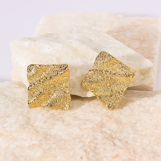Minimalist Geometric Titanium Steel Earrings with Matte Square Texture and Vacuum-Plated 18K Gold Finish for Women