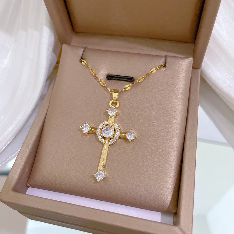 Collana con pendente di lusso Sweet Cross in zirconi e catena a collare in acciaio al titanio