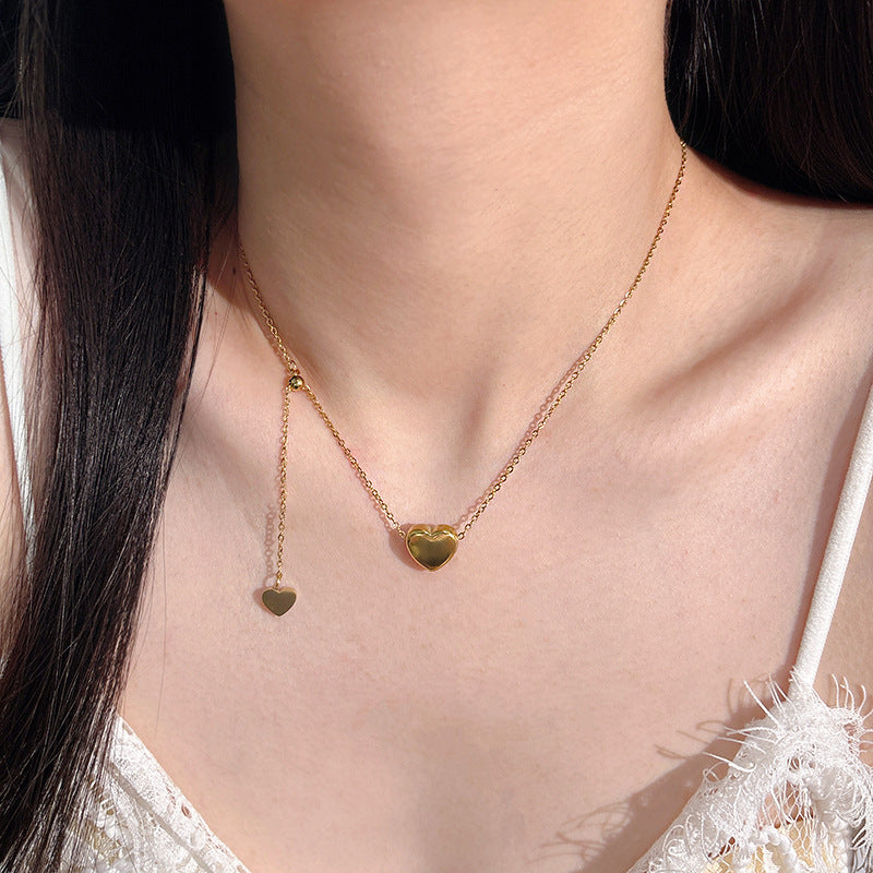Elegant Gold Plated Titanium Steel Double Heart Adjustable Necklace