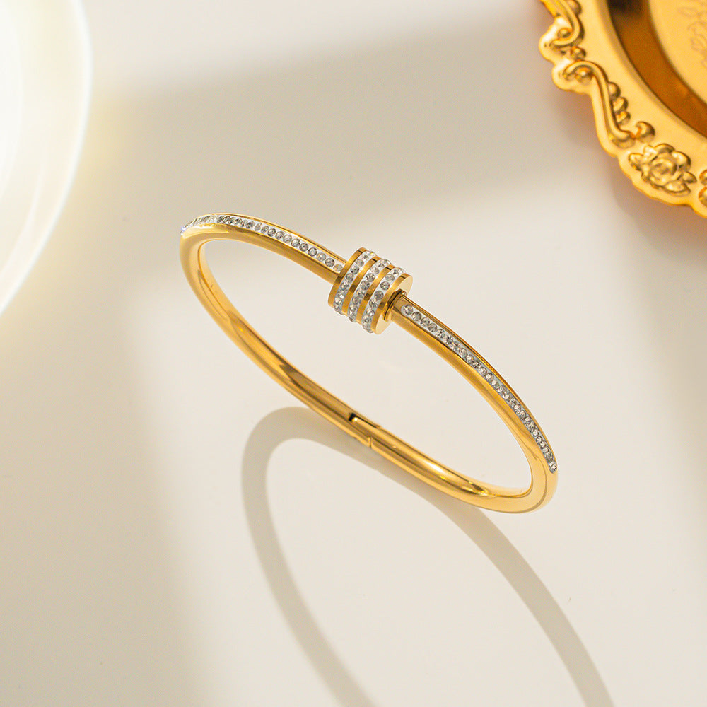 Vintage Rhinestone-Ti Steel Bracelet for Women Rose Gold Plated Opening Bangle with Starry Sky Pattern