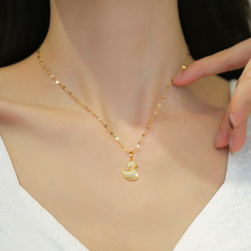 Luxury Titanium Steel Rhinestone-Detailed Geometric Duck Pendant Necklace for Unisex, Adjustable Length 21-50 cm, Fresh and Sweet Style