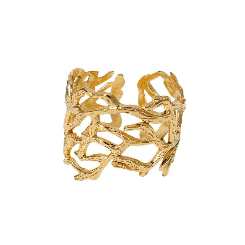 Irregular Hollow Wide Band Stainless Steel Ring for Women with Minimalist Cold-Tone Aesthetic and Open-Style Design