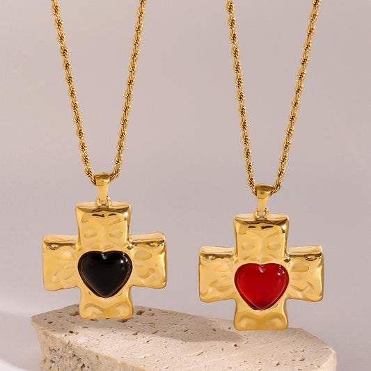 Collana con Pendente a Croce Geometrica Minimalista in Acciaio Inox con Ciondolo in Acciaio al Titanio e Finitura Elettroplaccata