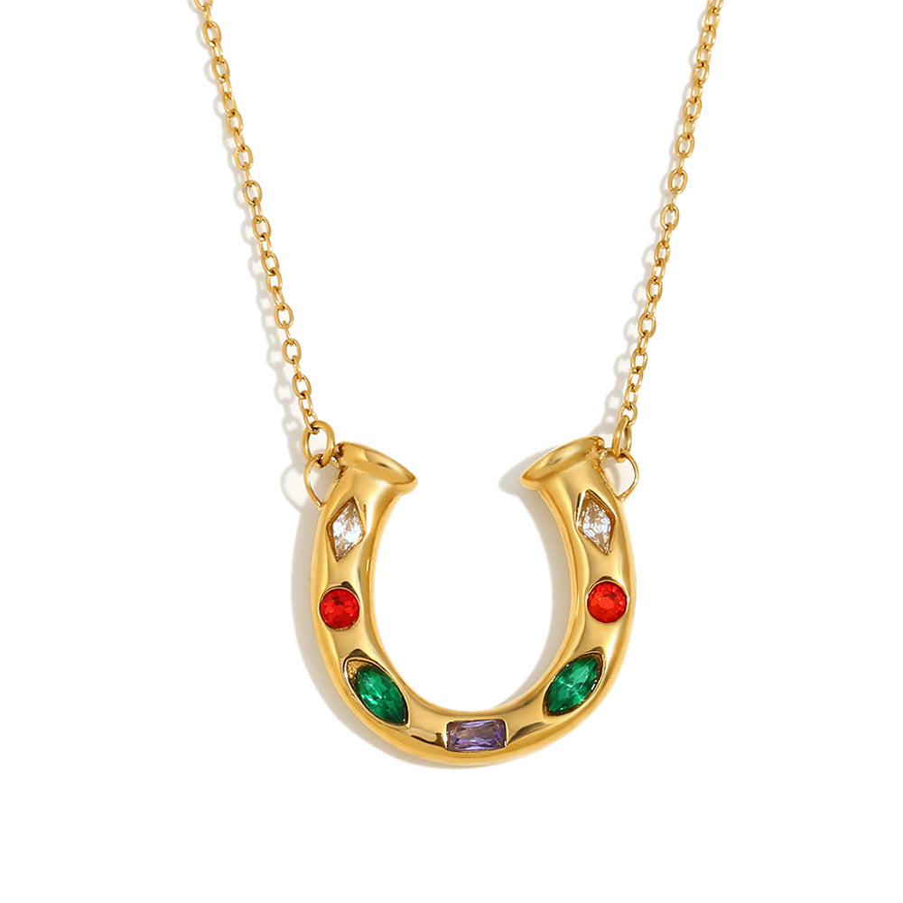 Minimalist U-Shaped Pendant Necklace in 316L Stainless Steel with 18K Gold Plating and Colorful Rhinestones for Women