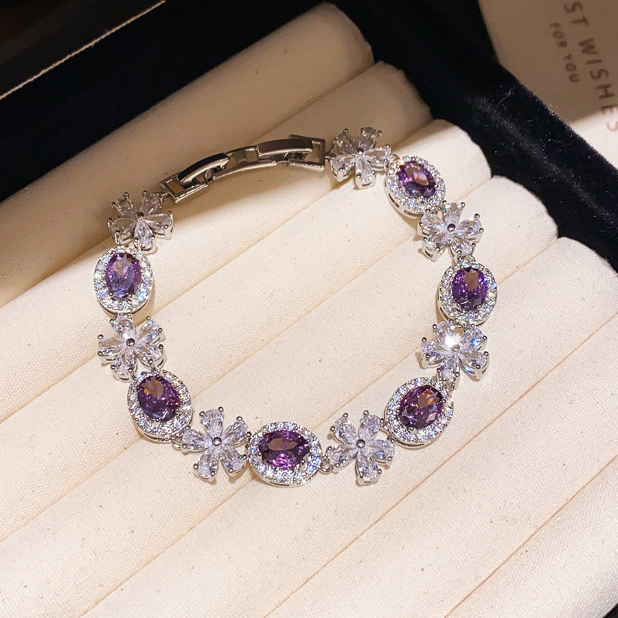 Luxury Elegant Oval Geometric Cubic Zirconia Inlaid Brass Bracelet for Women