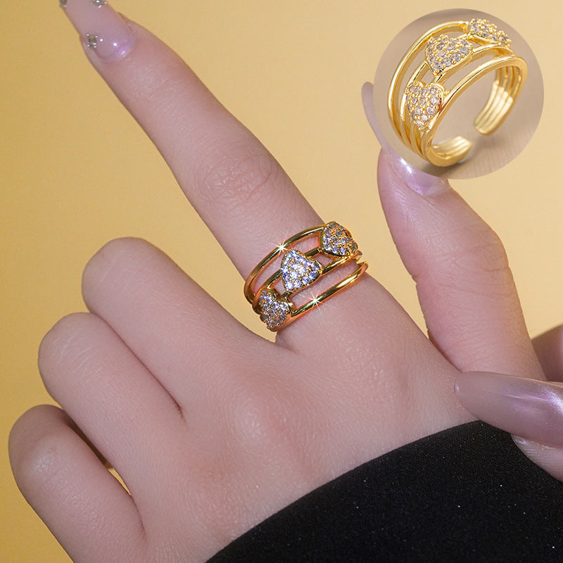 Light Luxury Geometric Heart Ring Adjustable Open Copper Rhinestone 18K Gold Plated Women