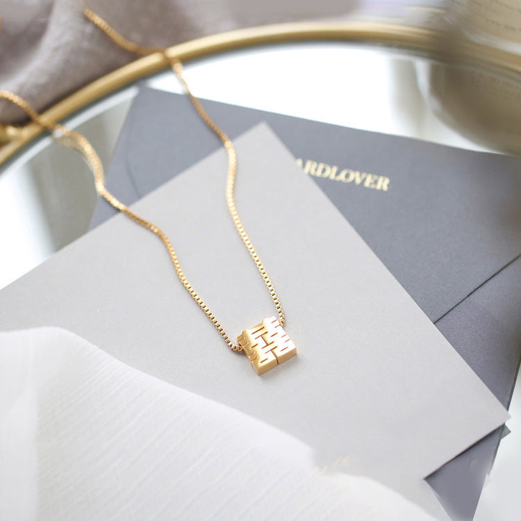 Chinese Style Double Happiness Character Pendant Necklace for Women in Titanium Steel with Plated Finish on Snake Chain