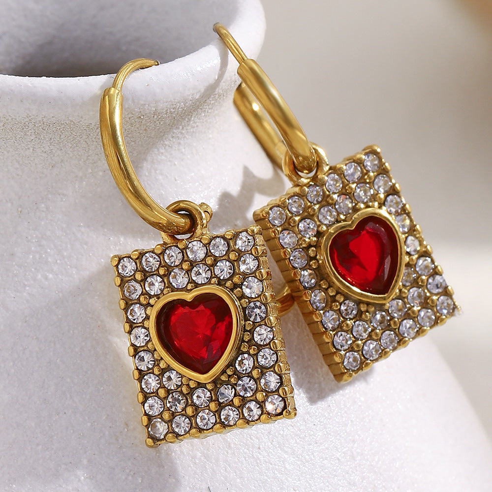 Minimalist Geometric Red Heart Stainless Steel Earrings with 18K Gold Plating and Full Rhinestone Inlay for Women