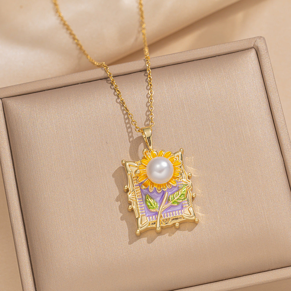 Elegant French Vintage Enamel Floral Pendant Necklace in Titanium Steel with Sunflower Motif for Women