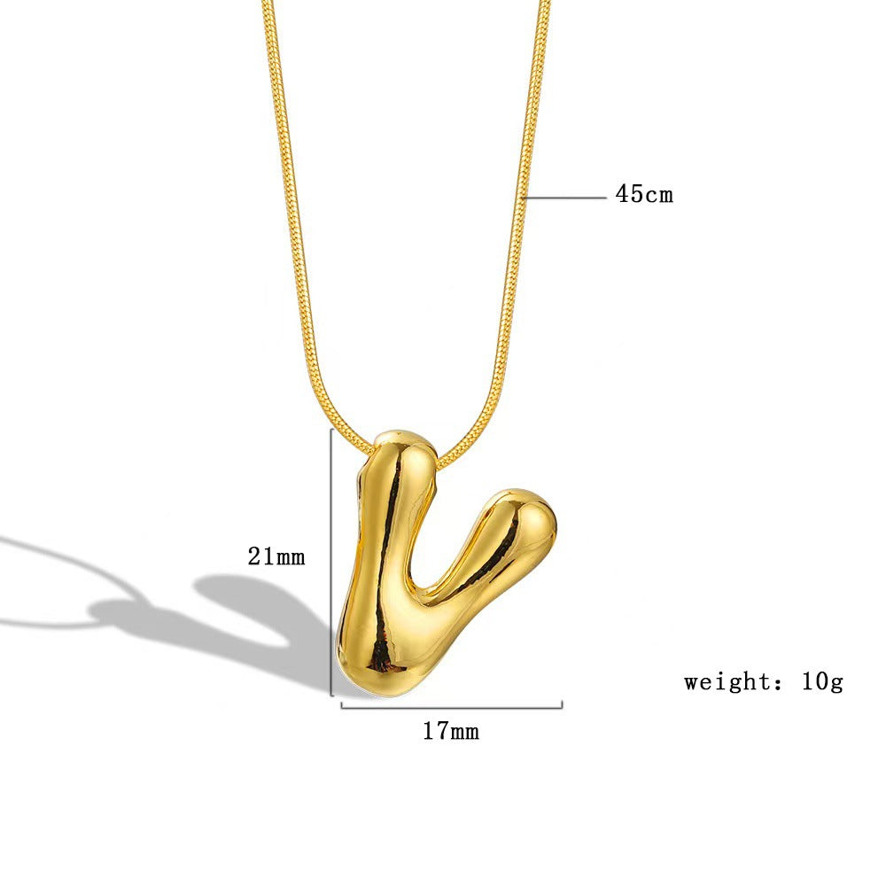 Luxury Balloon Bubble-Shaped Letter Necklace in Titanium Steel with Gold Plating, Snake Chain, Unisex Alphabet Pendant Jewelry