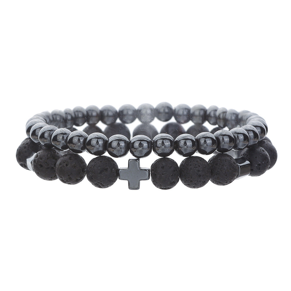 Minimalist Geometric Cross Volcanic Stone Tiger Eye Hematite Beaded Bracelet Unisex