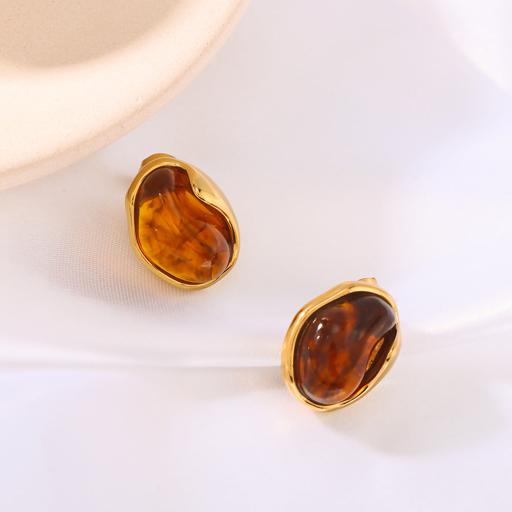 Minimalist Asymmetrical Round Resin Stud Earrings in Stainless Steel with 18K Gold Plating for Women