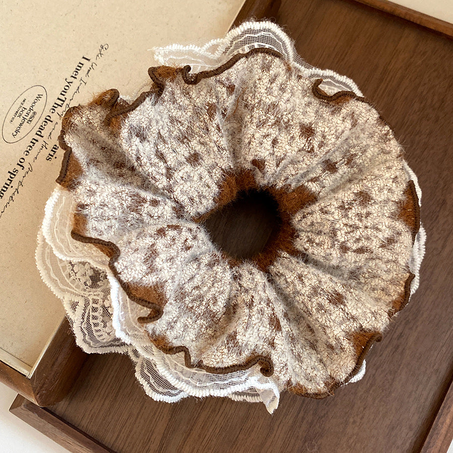 Elegant French-Style Fabric Hair Tie with Lace Trim, High-Elasticity Spiral Scrunchie for Women, Geometric Round Design, Luxury Casual Office Accessory