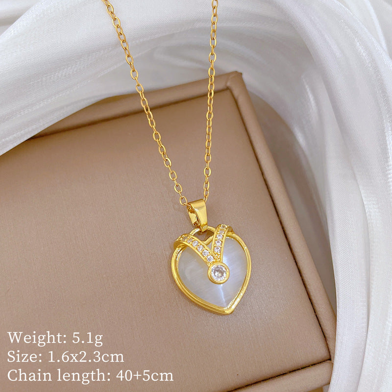 Sweet Luxury Heart Cat's Eye Rhinestone Pendant Titanium Steel Necklace for Unisex