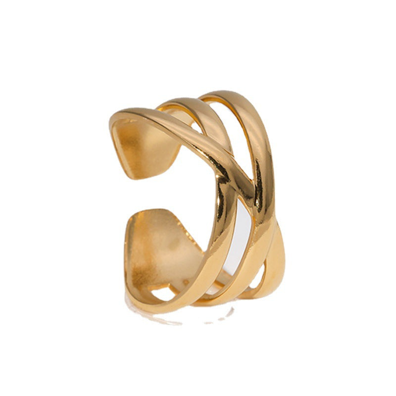 Anello aperto da donna minimalista geometrico in acciaio al titanio con finitura placcata, fascia ipoallergenica in acciaio inossidabile