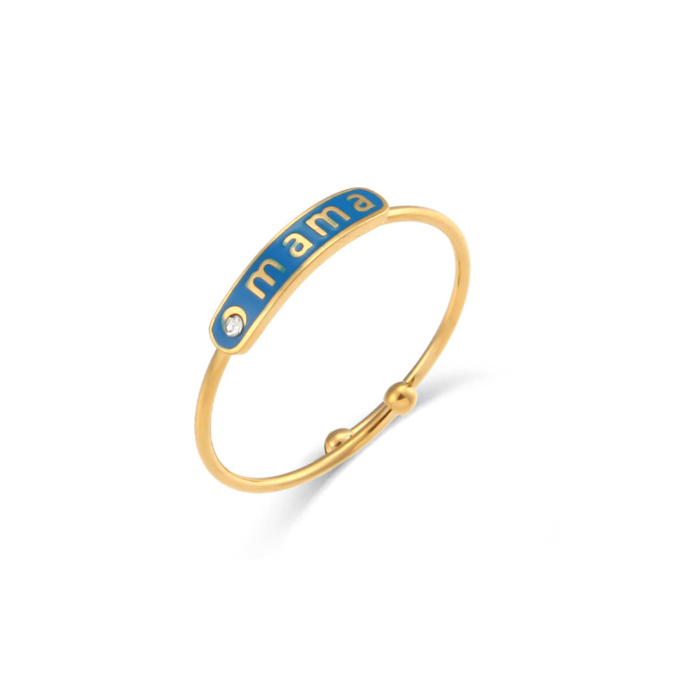 Anillo Ajustable "Mama" de Acero Inoxidable con Baño de Oro de 18K y Acabado Esmaltado, Forma Geométrica, Estilo Casual y a la Moda