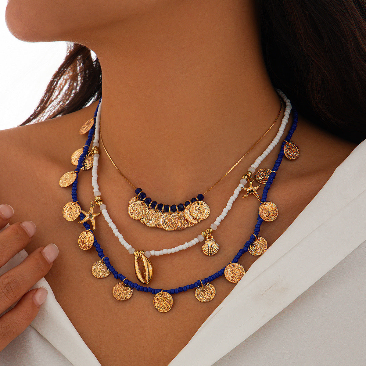 Minimalist Geometric Starfish Alloy Necklace Set with Beads and Shells for Women