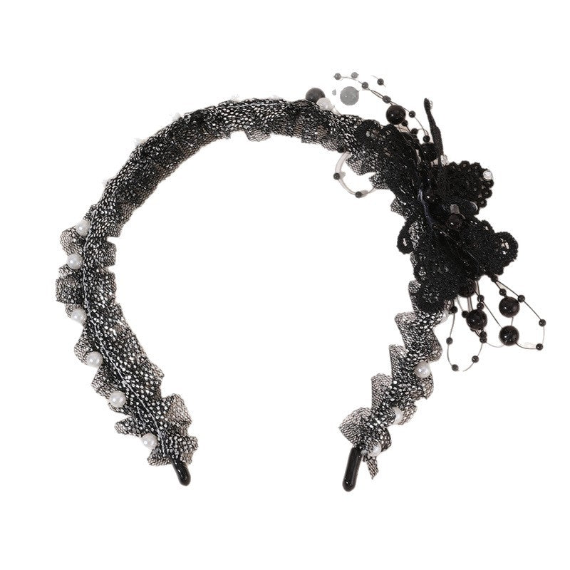 Cerchietto con Fiocco in Pizzo Nero per Halloween con Perle e Strass per Bambine dai 6 ai 10 Anni