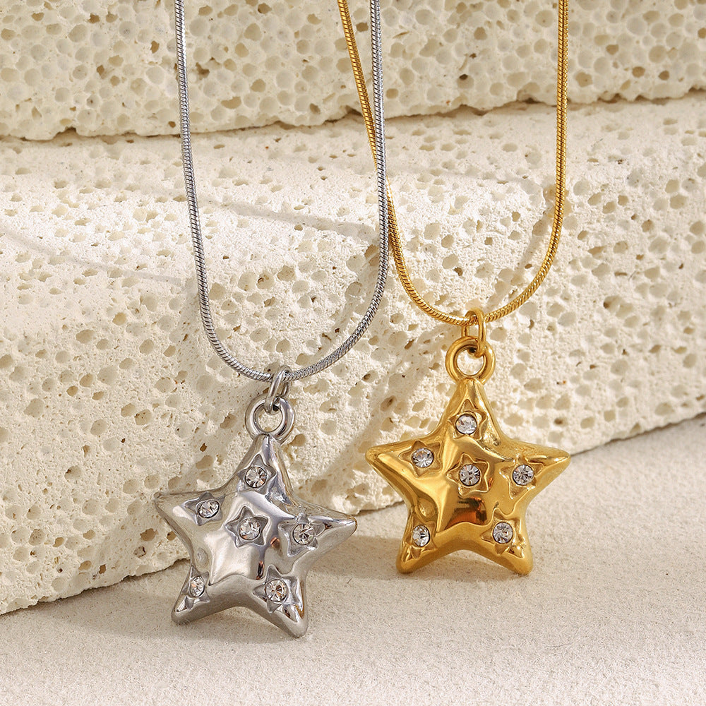 Luxury Minimalist Star-Shaped Stainless Steel Necklace with 18K Gold Plating and Rhinestone Accents