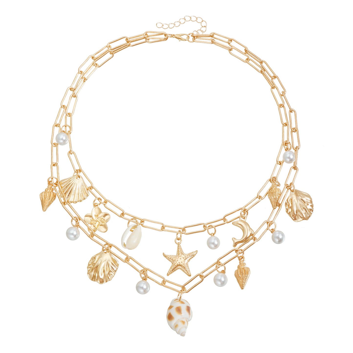 Fashionable Starfish-Shaped Alloy Pendant Necklace for Women with Plated Finish, Beach-Themed Shell and Starfish Design, Clavicle Chain