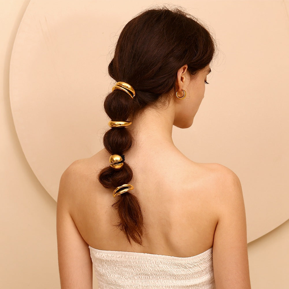 Elastico per capelli da donna a forma di luna, minimalista, in acciaio inossidabile placcato oro 18 carati e finitura liscia lucida