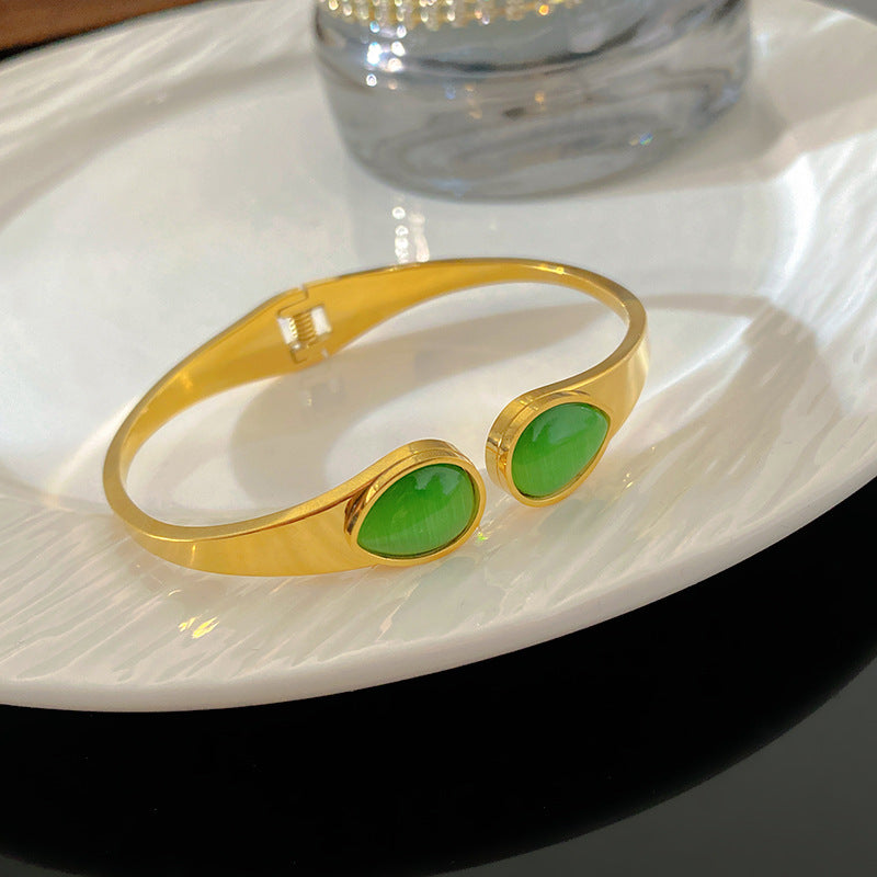 Vintage Elegant Teardrop Cat's Eye Inlay Polished Titanium Steel Cuff Bracelet