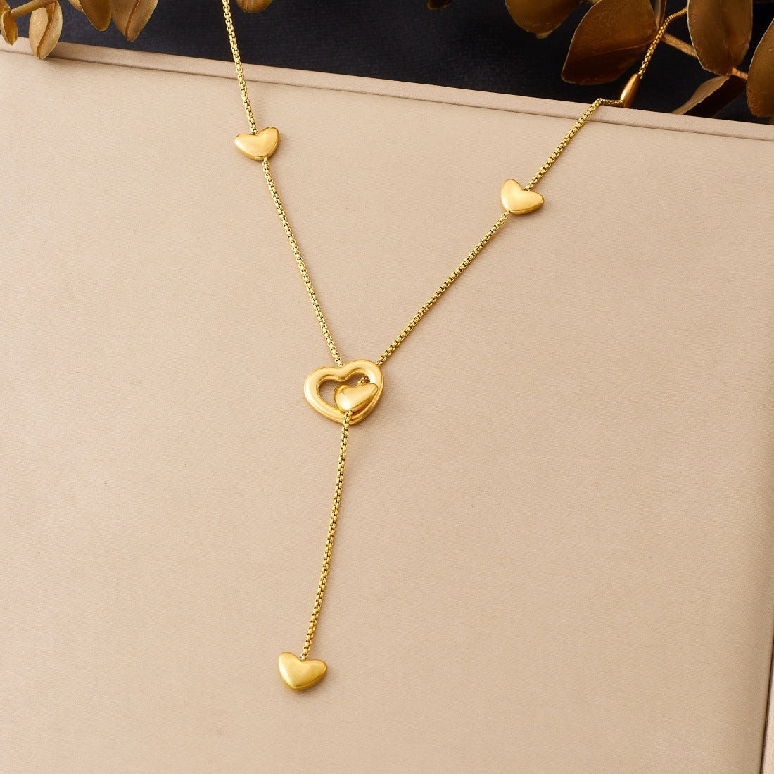 Minimalist Hollow Heart Gold Plated Stainless Steel Y-Chain Long Tassel Necklace for Women