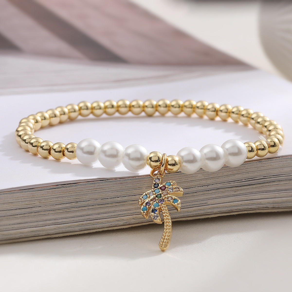 Fashion Beach Style Gold Plated Brass Geometric Turtle Tree Pendant Bracelet with Cubic Zirconia for Women