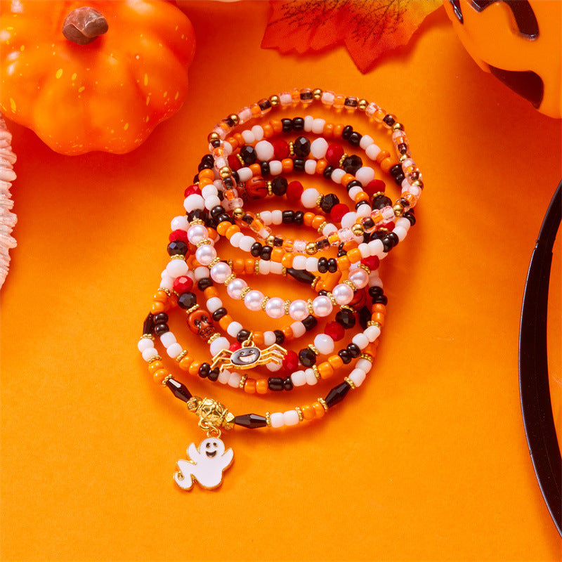 Juego de pulseras de aleación con dije de fantasma y calavera de Halloween dulce y atrevido con detalles de cuentas, regalo de festival unisex