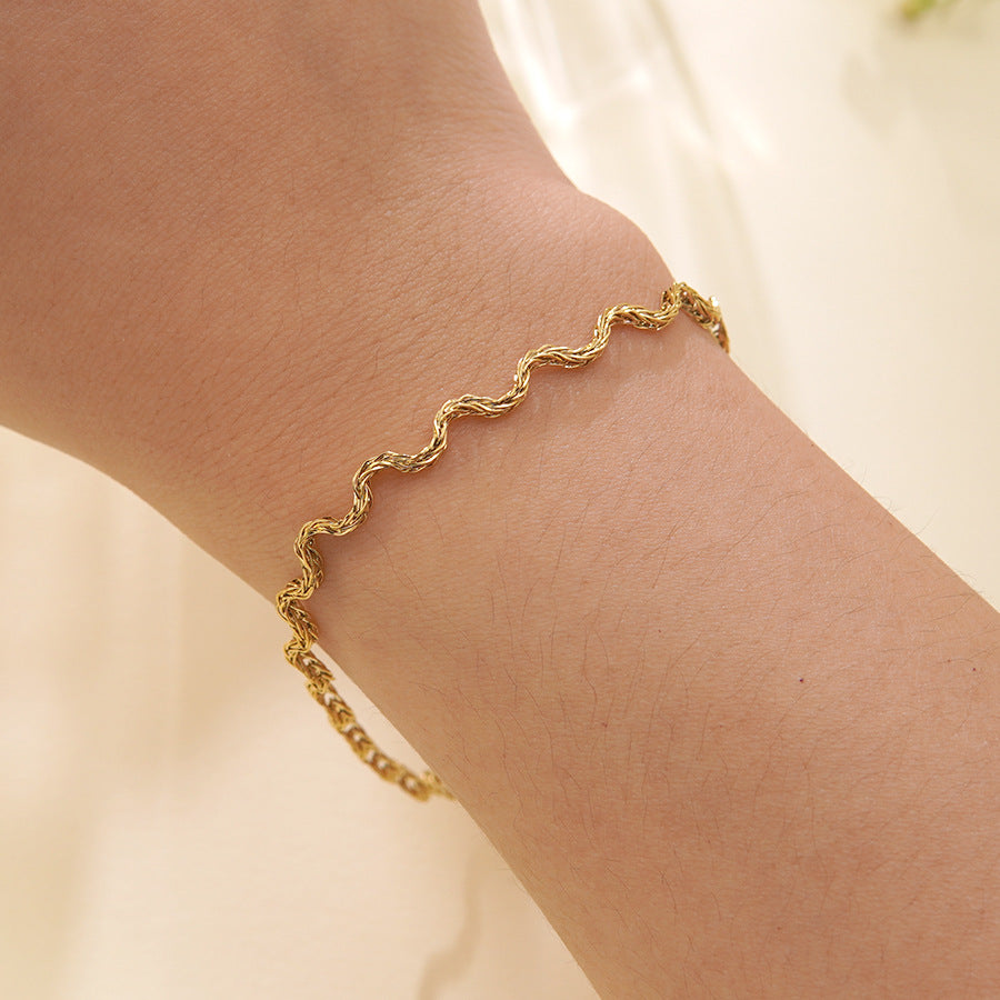Minimalist Luxury Geometric Wavy Line Stainless Steel Plated Necklace and Bracelet Set for Women