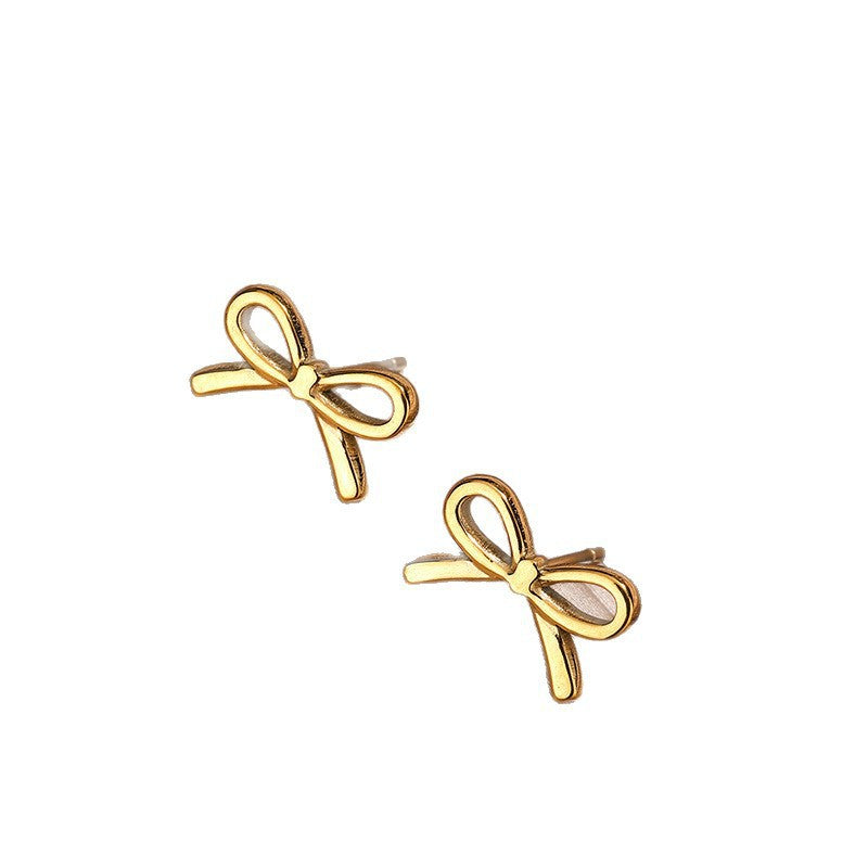 Parure collana e orecchini a fiocco da donna in acciaio inossidabile placcato oro 18 carati, stile minimalista