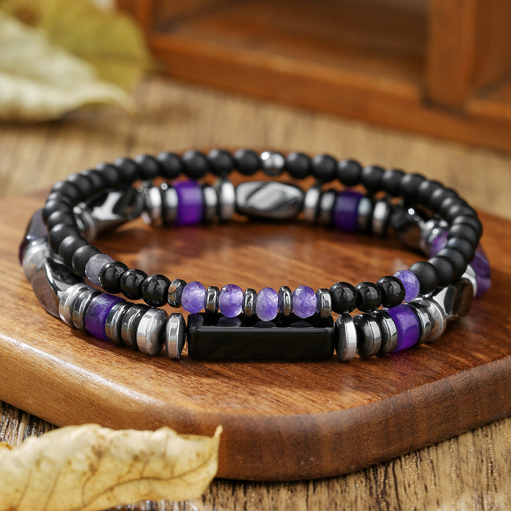 Bohemian Minimalist Geometric Hematite Amethyst Beaded Bracelet Handmade for Men and Women