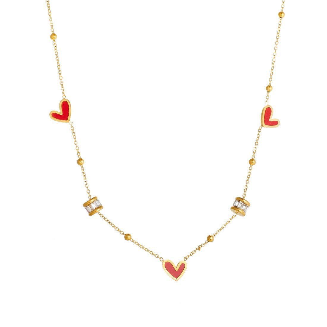 Luxury Gold Plated Heart and Round Rhinestone Stainless Steel Necklace for Women