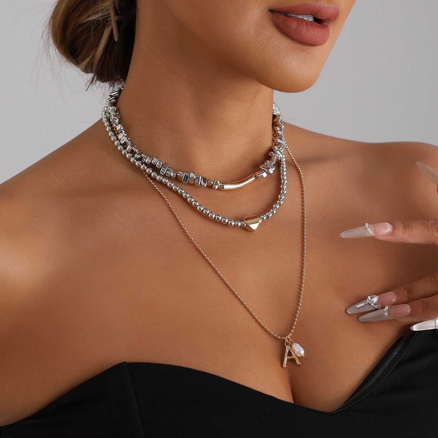 Elegant Irregular Heart Letter A Beaded Alloy Necklace for Women