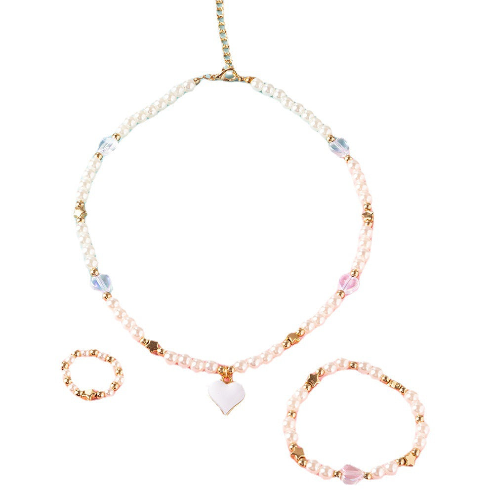 Set di Collane con Pendente a Cuore e Stella con Perline di Vetro per Ragazze, Inclusi Collana, Anello e Braccialetto