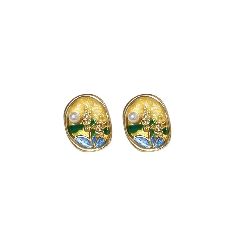 Vintage Floral and Geometric Enamel Earrings for Women with Gold-Plated Brass Base and Stainless Steel Posts