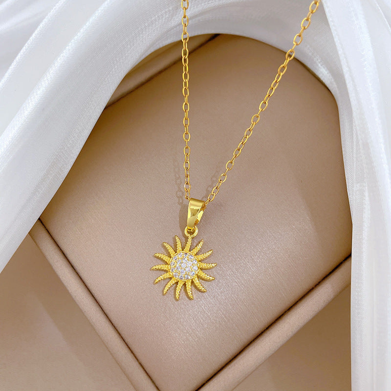 Sweet Minimalist Geometric Rhinestone Sunflower Pendant Titanium Steel Necklace for Women and Men