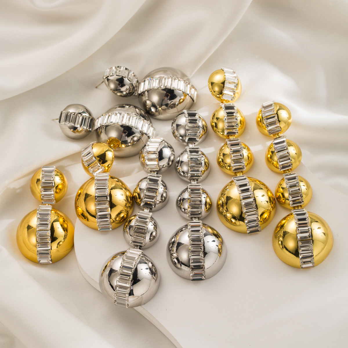 Sweet-Edgy Geometric Zircon Ball Stud Earrings for Women with Mirror Finish and Bold Punk-Inspired Design