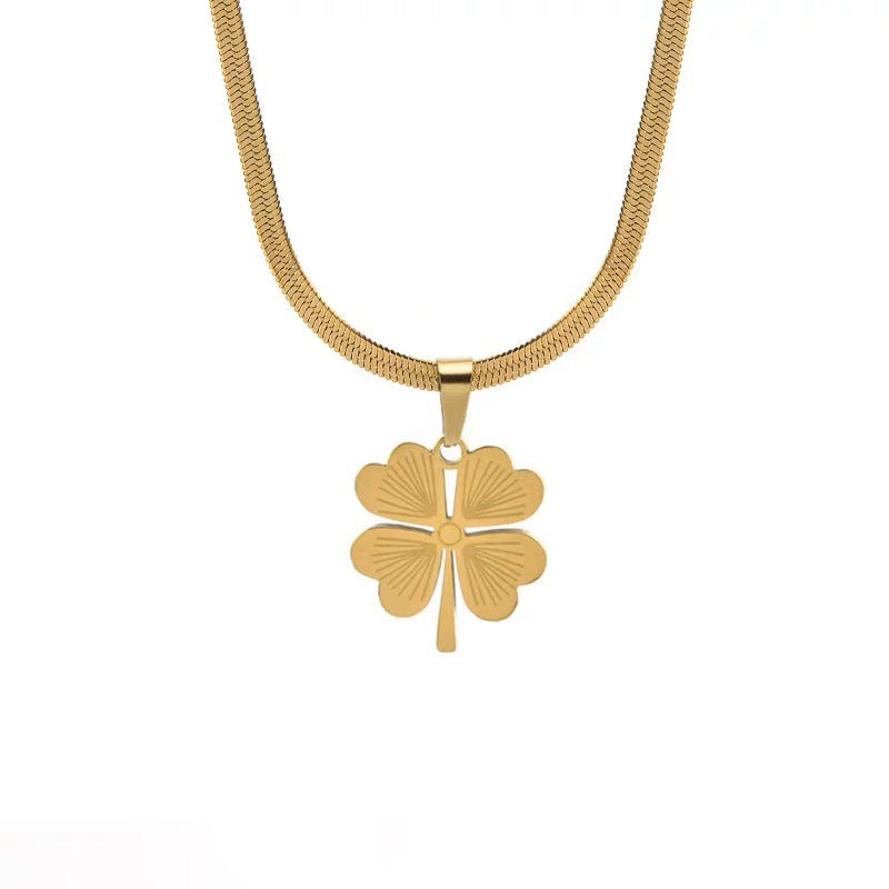 Collana con pendente a trifoglio minimalista in acciaio al titanio con placcatura in oro da donna