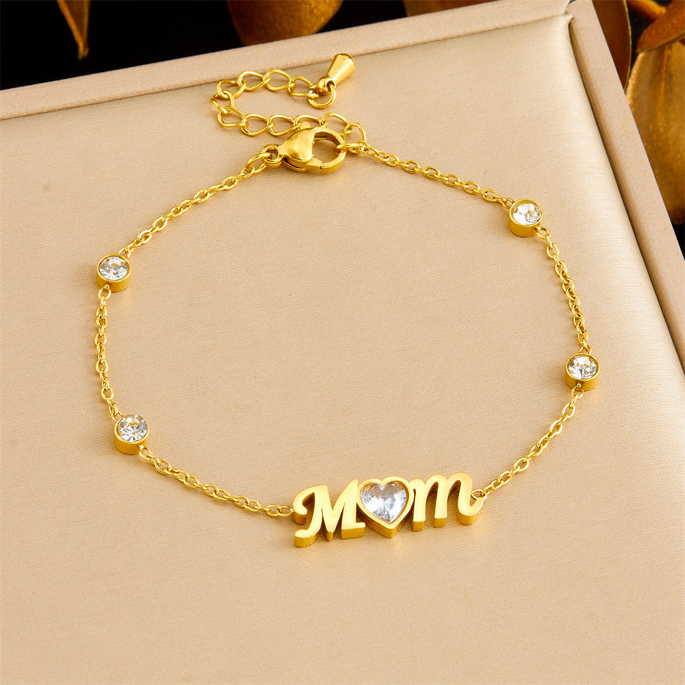 Minimalist Elegant Gold Plated Rhinestone Heart Letter MOM Bracelet for Women