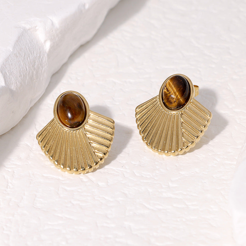 Orecchini a perno da donna in acciaio inossidabile placcato oro 18 carati con pietra naturale a forma di ventaglio, stile vintage francese geometrico