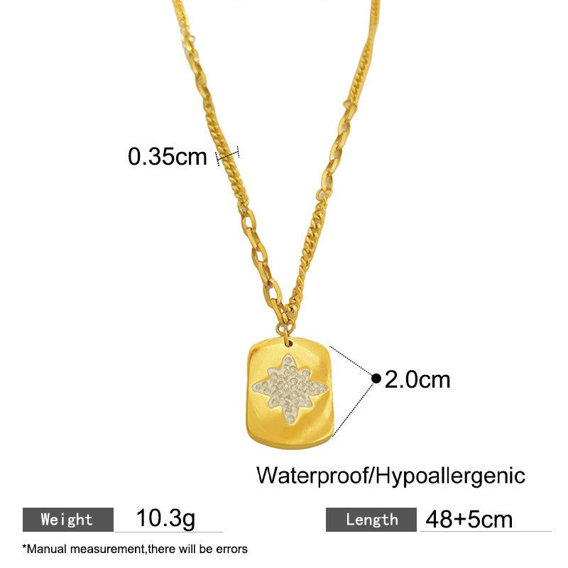 Micro-Paved Cubic Zirconia Eight-Pointed Star Square Titanium Steel Gold Plated Necklace
