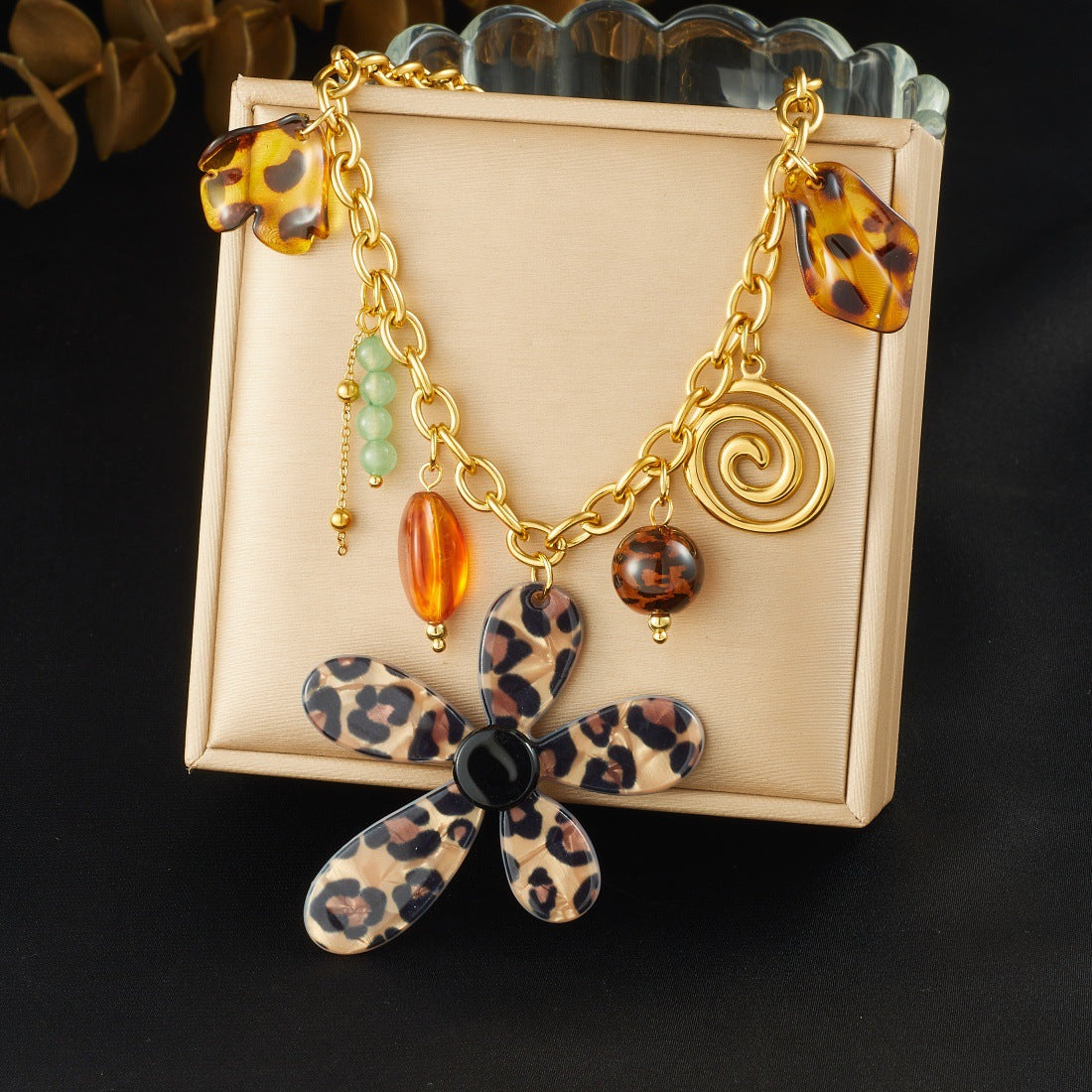 Vintage Leopard Print Floral Acrylic and Stainless Steel Gold Plated Tassel Necklace for Women